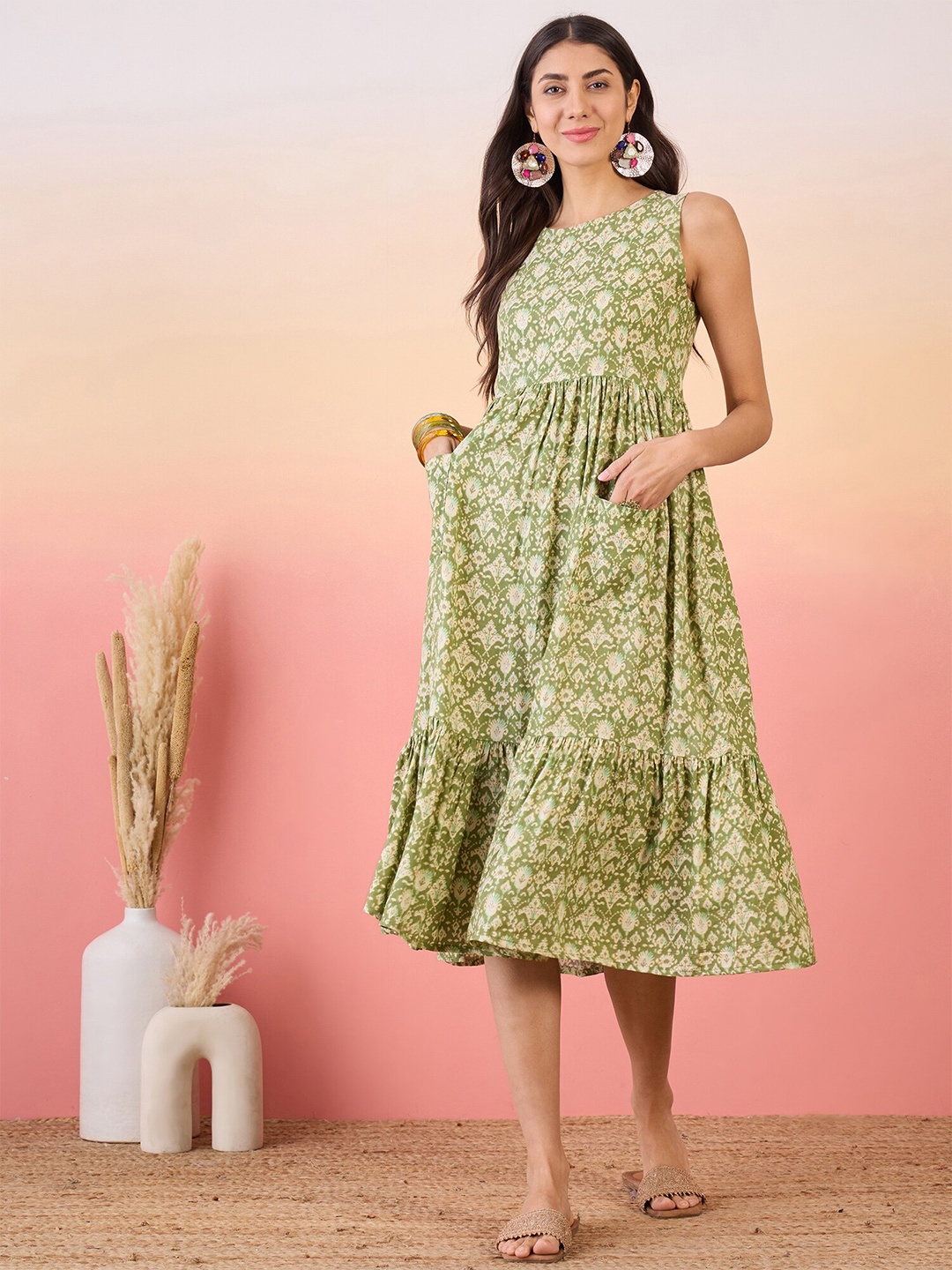 

InWeave Floral Printed Fit & Flare Midi Dress, Green