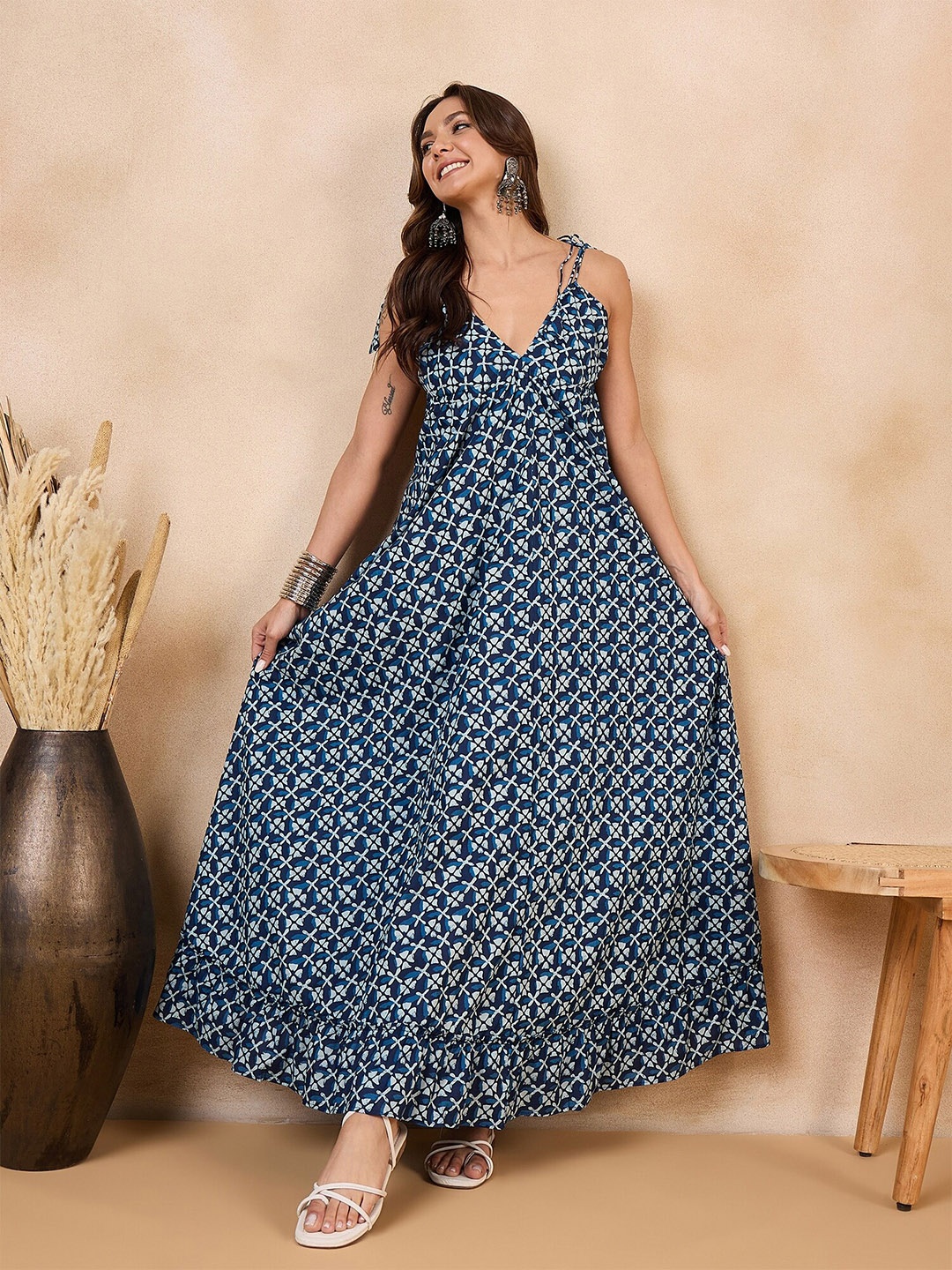 

InWeave Ethnic Motifs Printed Cotton Maxi Dress, Blue