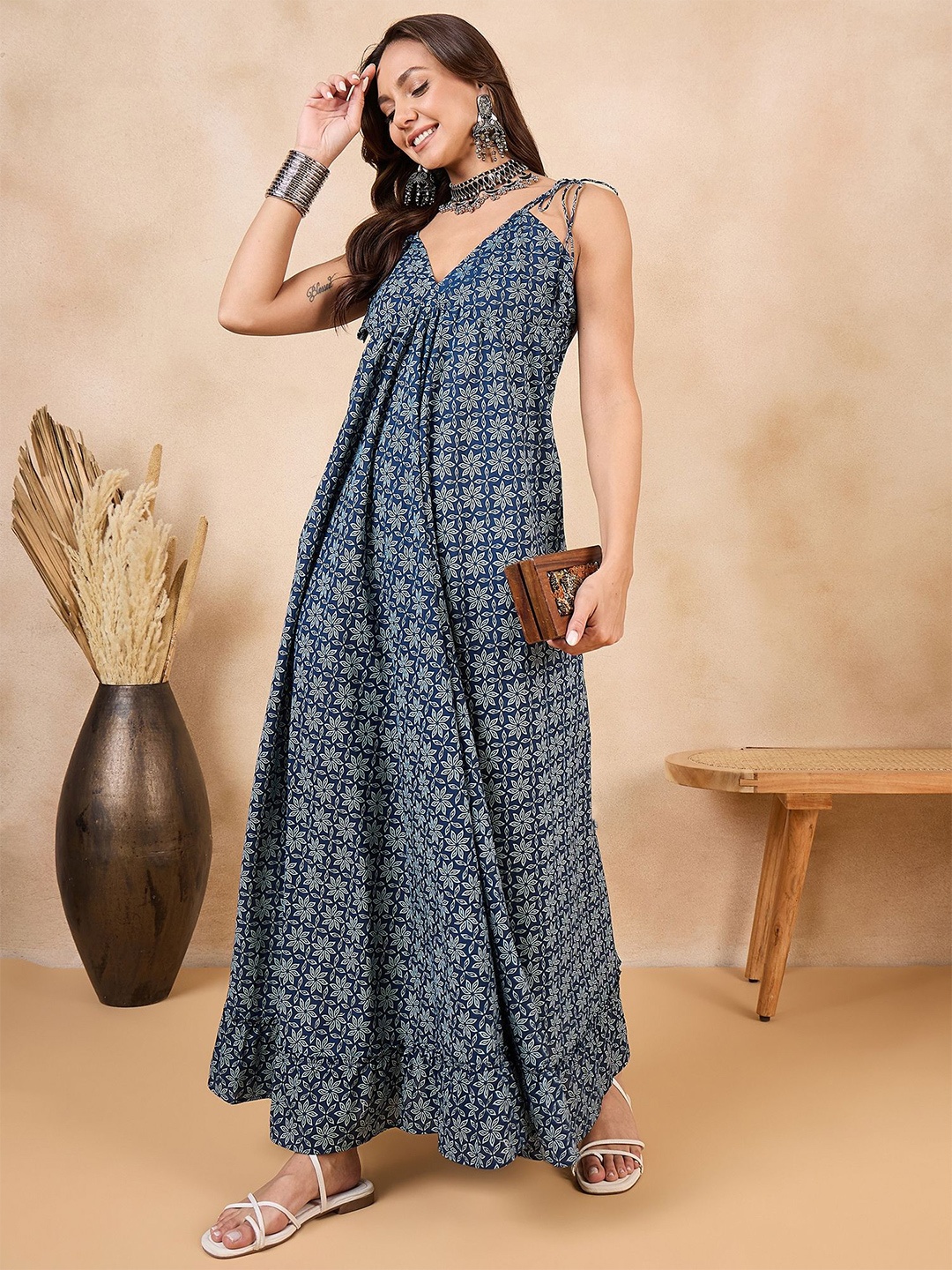

InWeave Ethnic Motifs Printed Cotton Maxi Dress, Blue