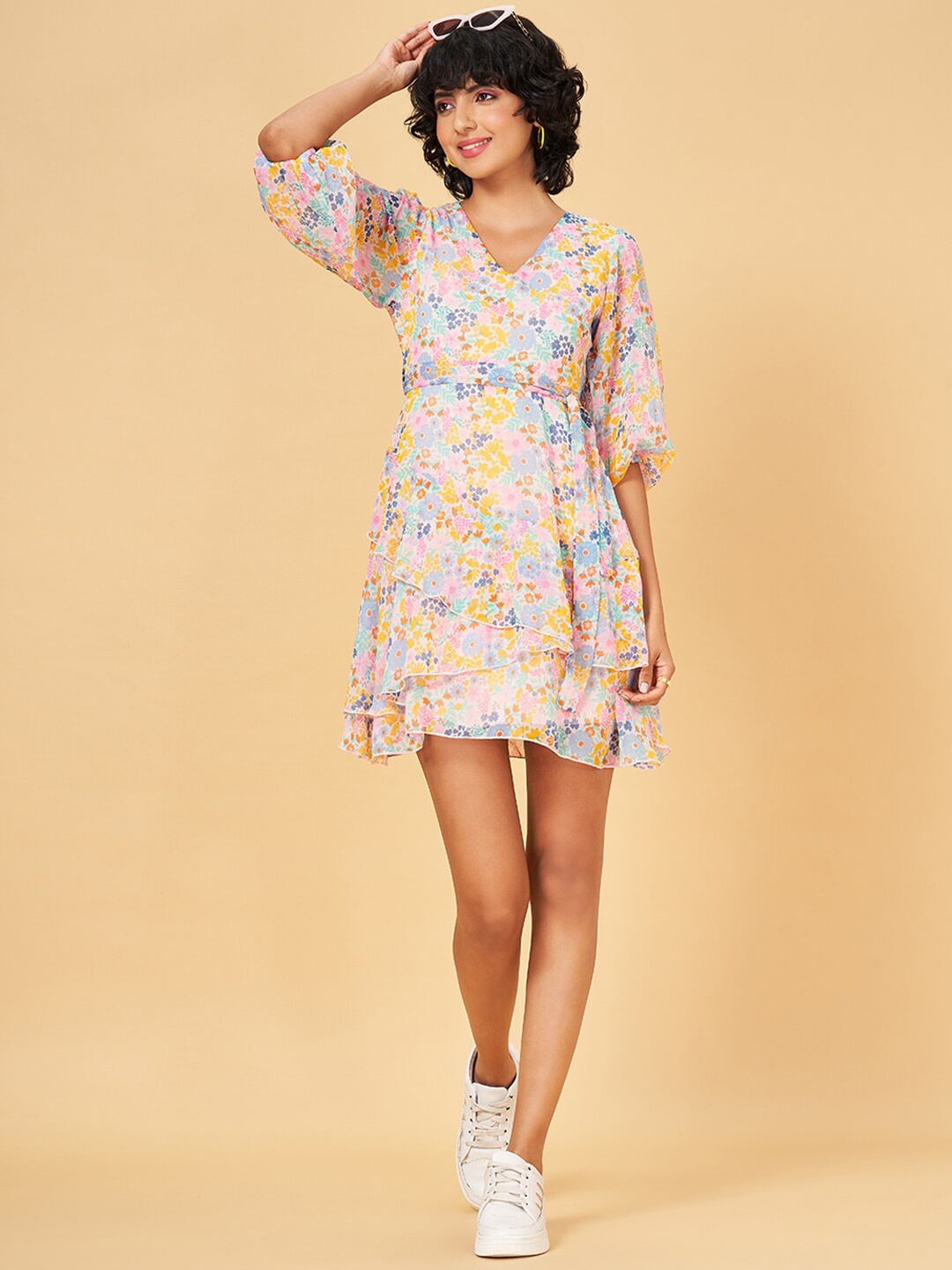 

People V Neck Puff Sleeves Floral Print Fit & Flare Mini Dress, Pink