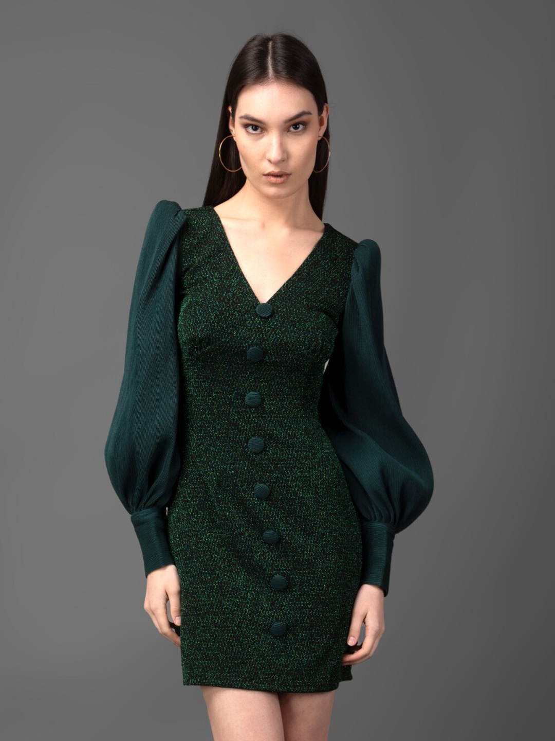 

MEEAMI FASHION V-Neck Puff Sleeve Sheath Dress, Green