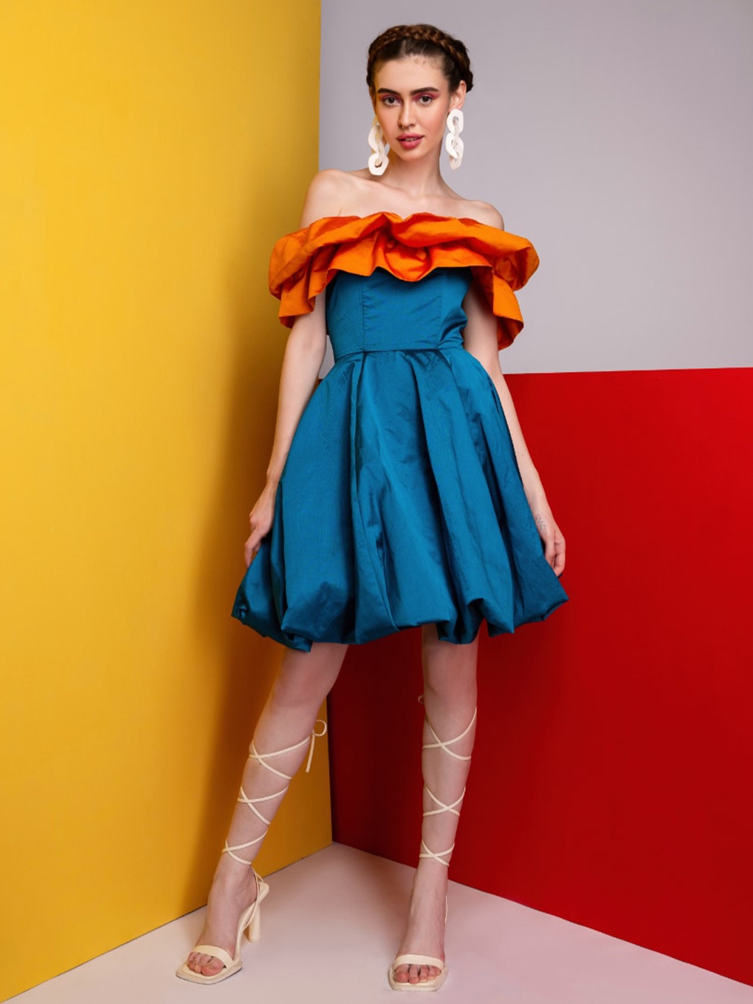 

MEEAMI FASHION Off-Shoulder Ruffles Satin Fit & Flare Dress, Blue