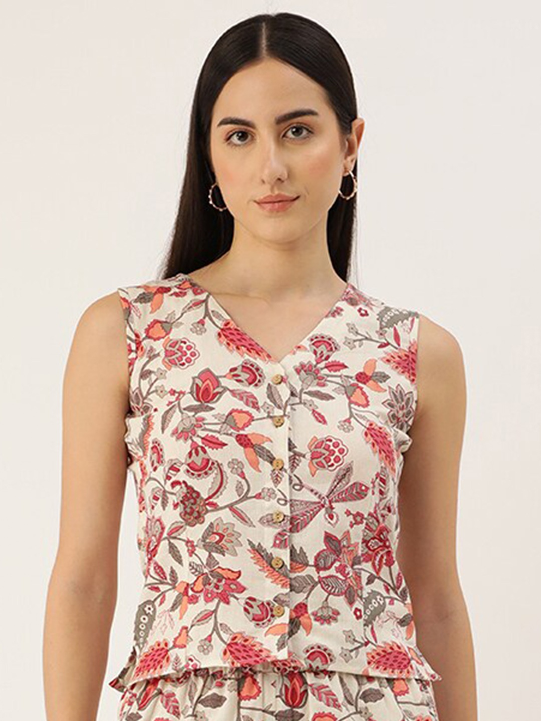 

Molcha Floral Printed V-Neck Cotton Top, Beige