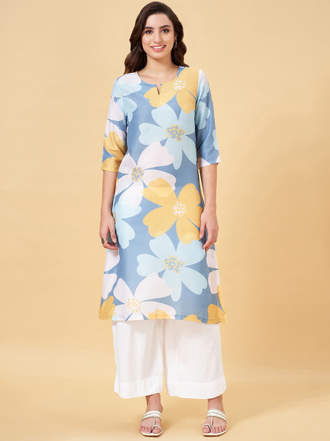 

RANGMANCH BY PANTALOONS Floral Printed Notch Neck Straight Kurta, Blue