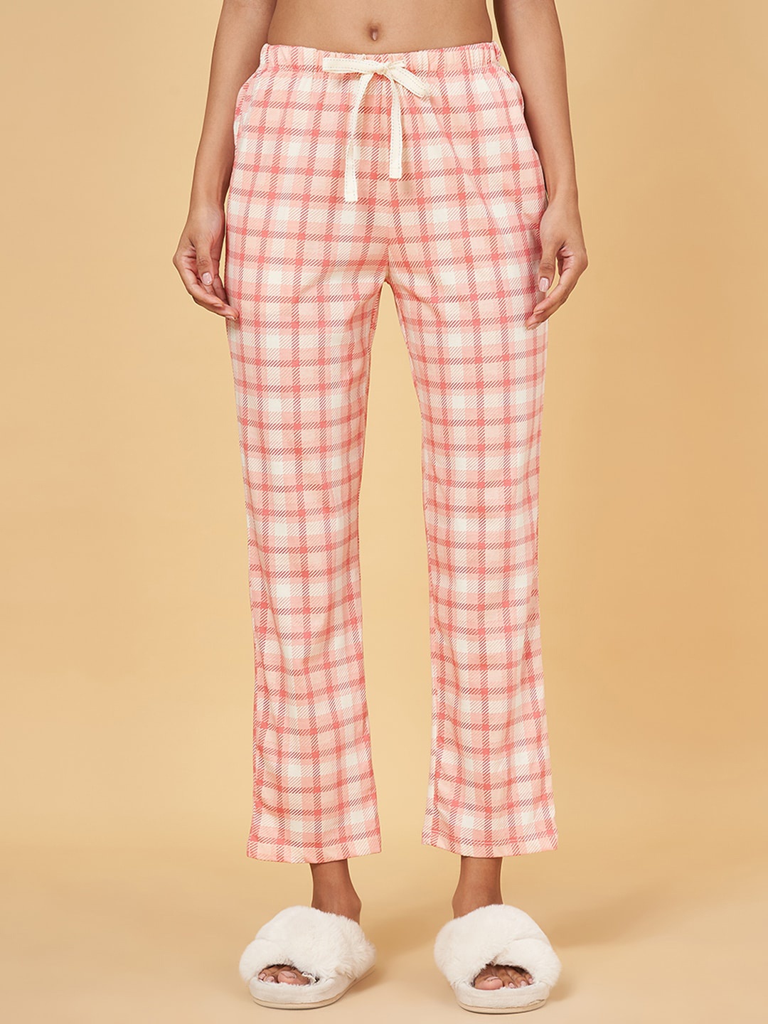 

Dreamz by Pantaloons Checked Pure Cotton Straight Lounge Pant, Peach