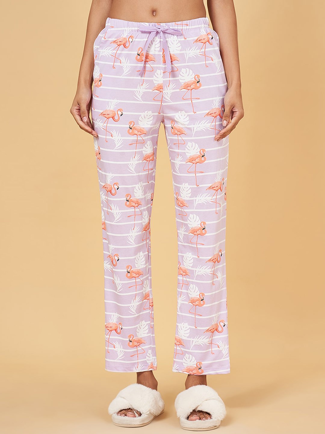 

Dreamz by Pantaloons Women Flamingo Printed Pure Cotton Lounge Pant, Purple