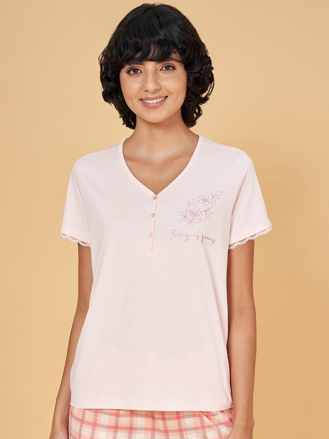 

Dreamz by Pantaloons V Neck Pure Cotton Lounge T-Shirt, Pink
