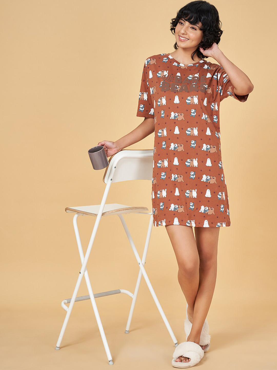 

Dreamz by Pantaloons Graphic Printed Pure Cotton T-shirt Nightdress, Brown