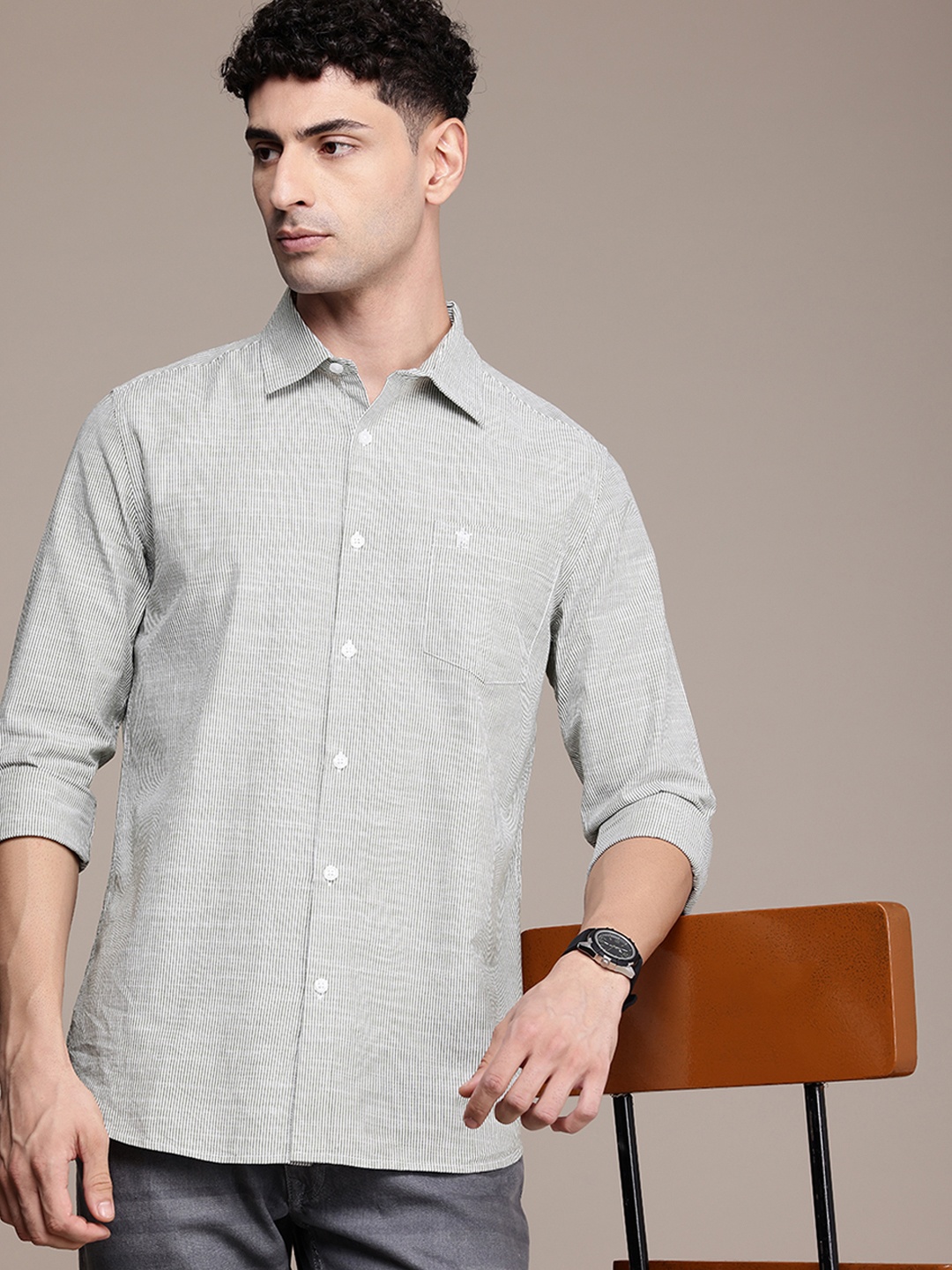 

French Connection Men Premium Slim Fit Striped Casual Shirt, Green
