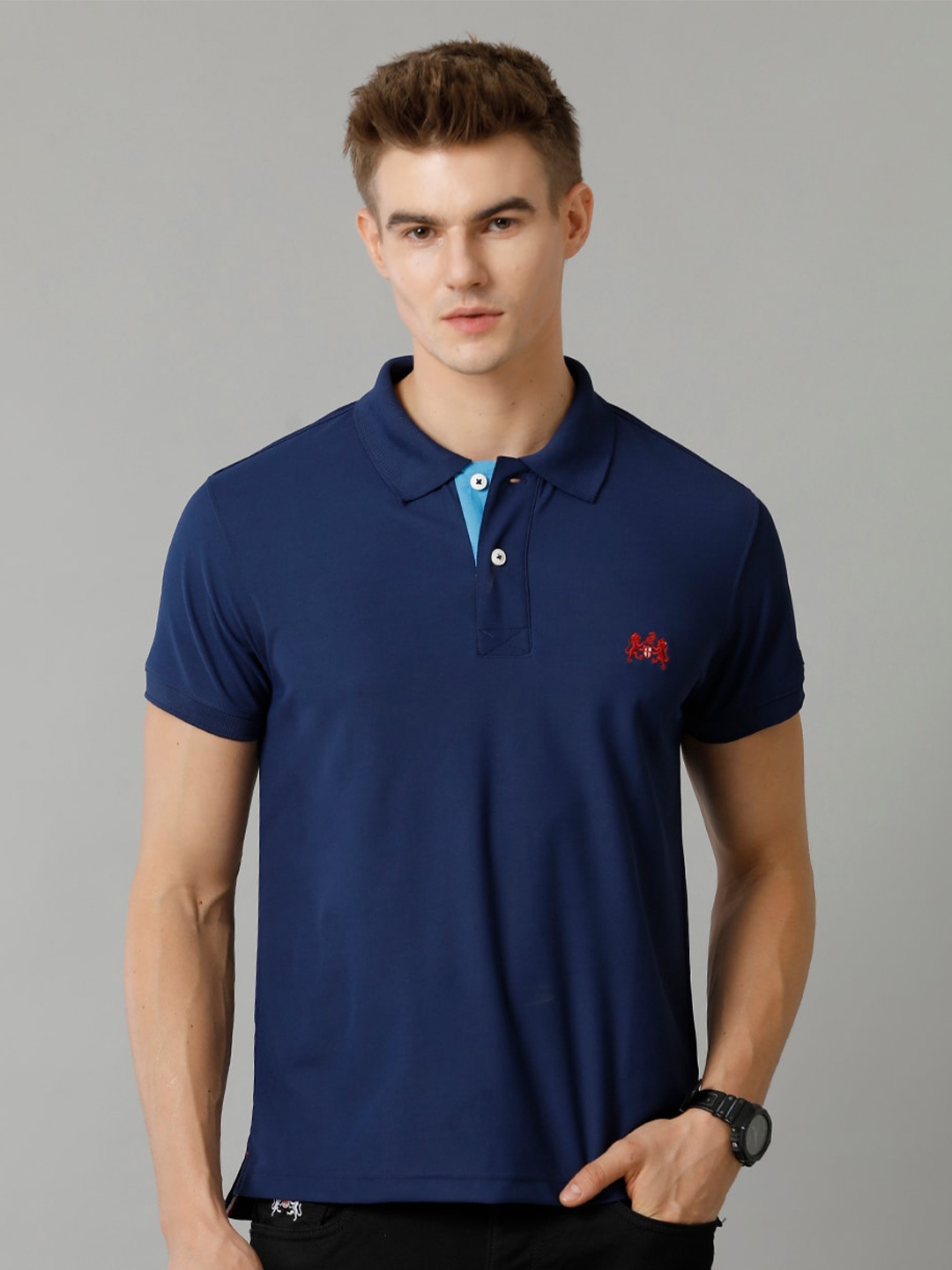

Double Two Men Polo Collar Solid T-shirt, Navy blue