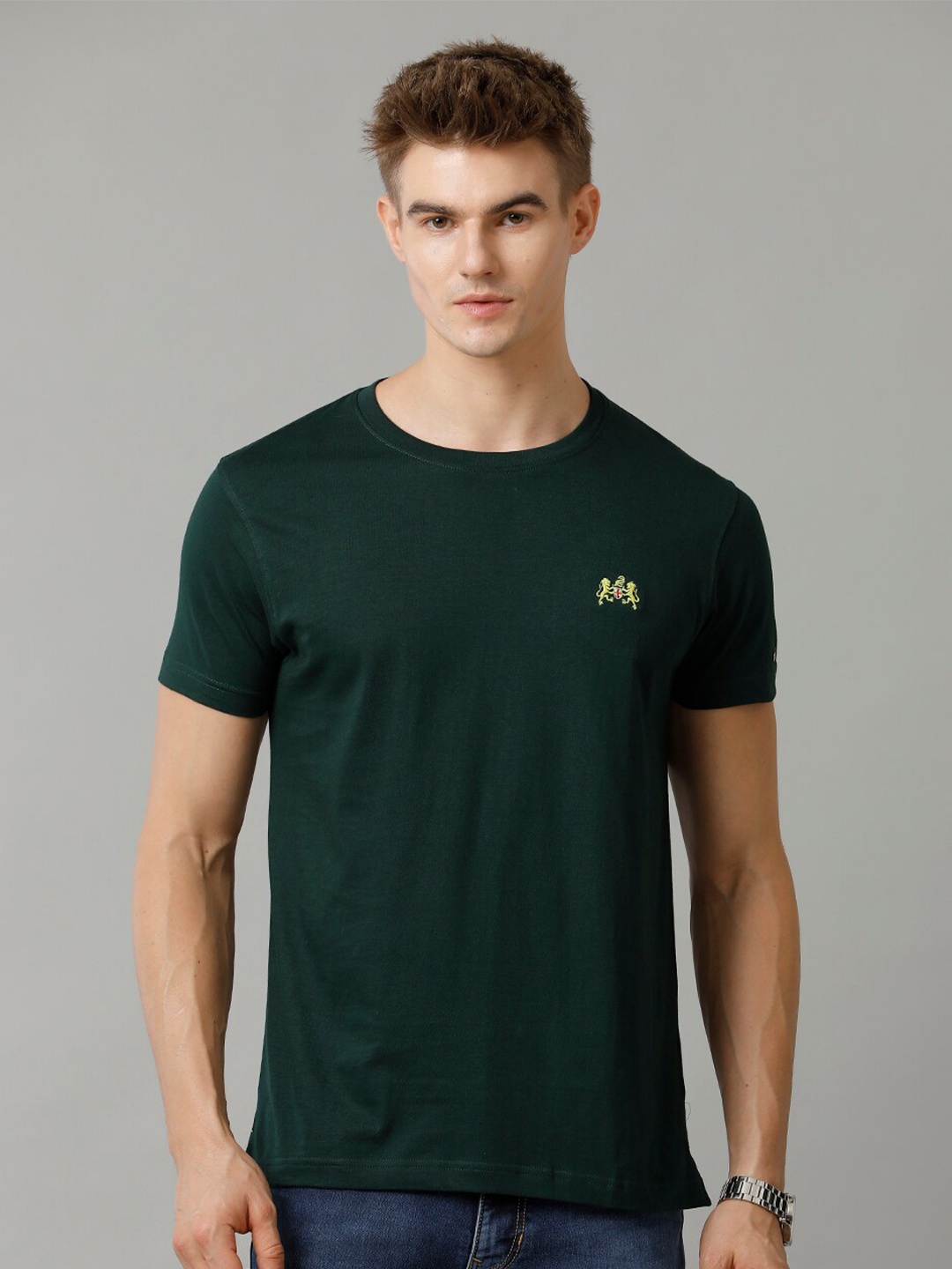 

Double Two Men Round Neck Applique T-shirt, Green