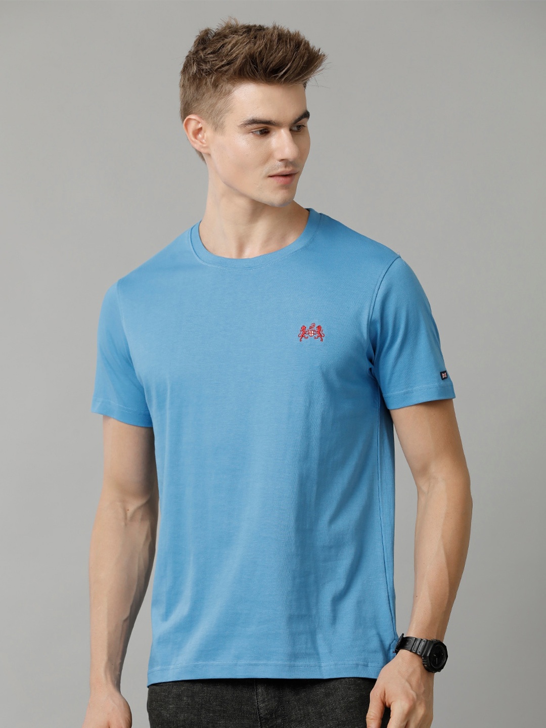 

Double Two Men Round Neck Applique T-shirt, Blue