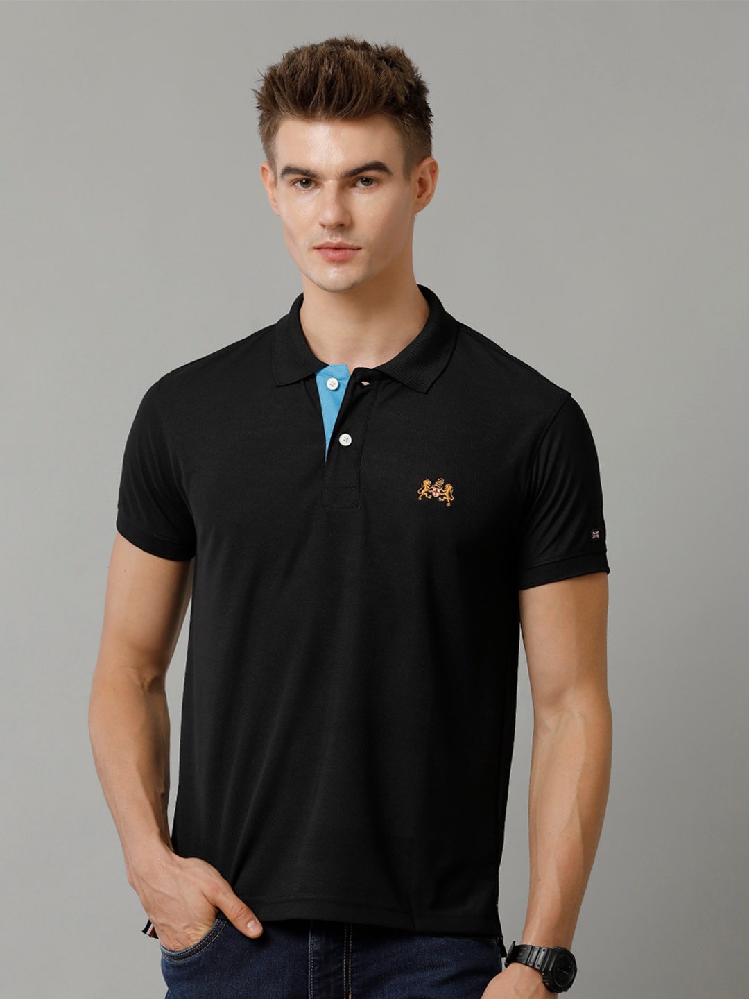

Double Two Men Polo Collar Applique T-shirt, Black