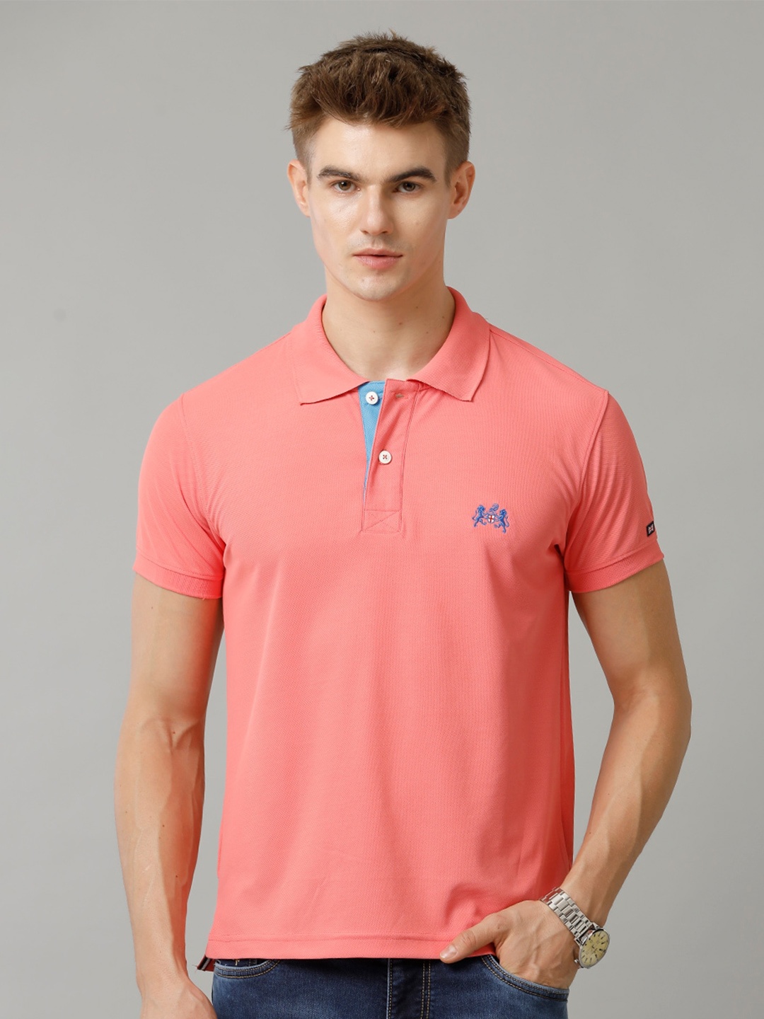 

Double Two Men Solid Polo Collar T-shirt, Pink