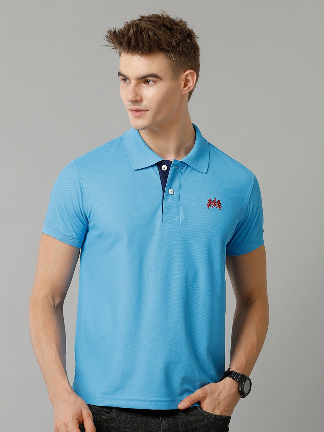 

Double Two Men Polo Collar Applique T-shirt, Blue