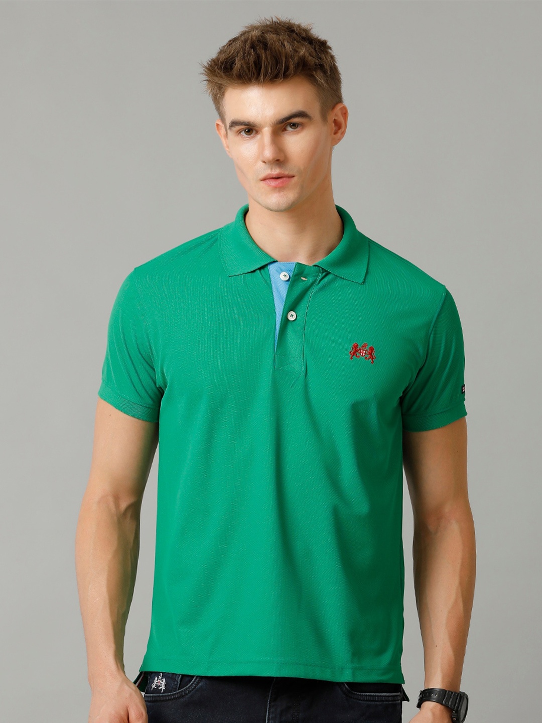 

Double Two Men Polo Collar Applique T-shirt, Green