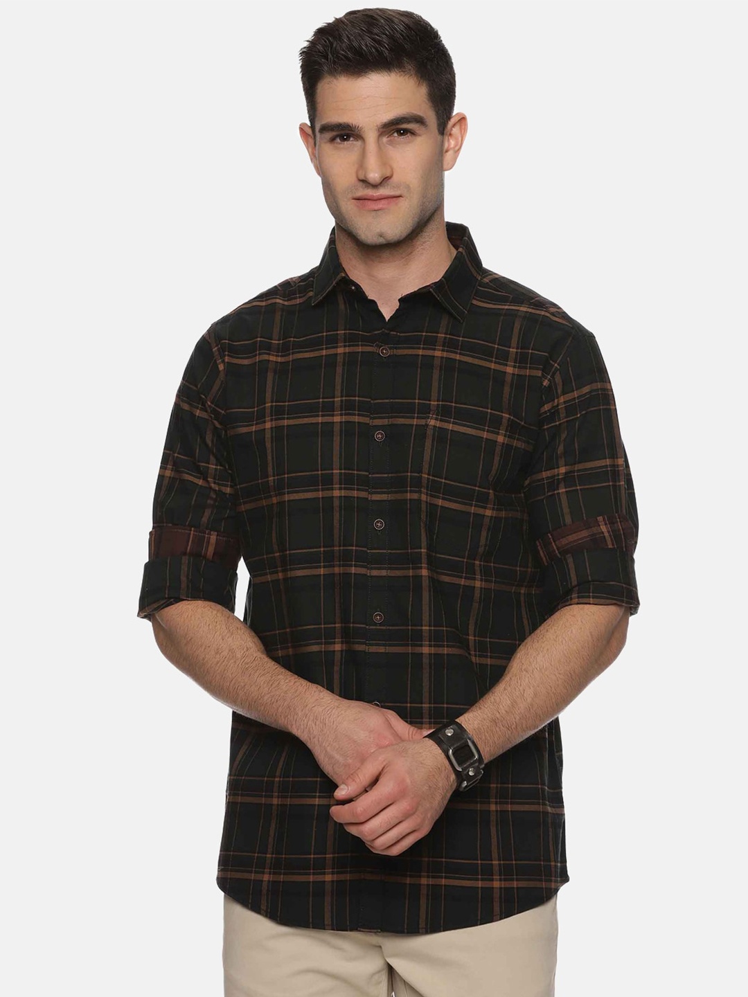 

THE FORMAL CLUB Premium Tartan Checks Long Sleeves Spread Collar Opaque Casual Shirt, Green