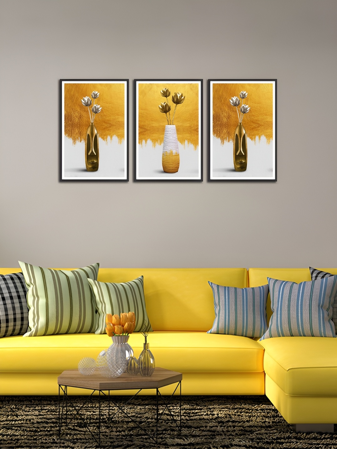 

MITHILA Handicrafts Yellow & White 3 Pieces MDF Wall Art