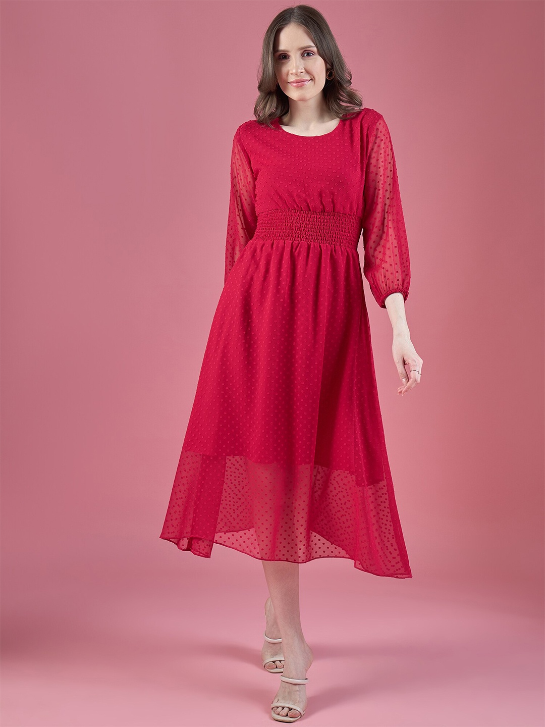

DressBerry Magenta Georgette Puff Sleeves Fit & Flare Midi Dress