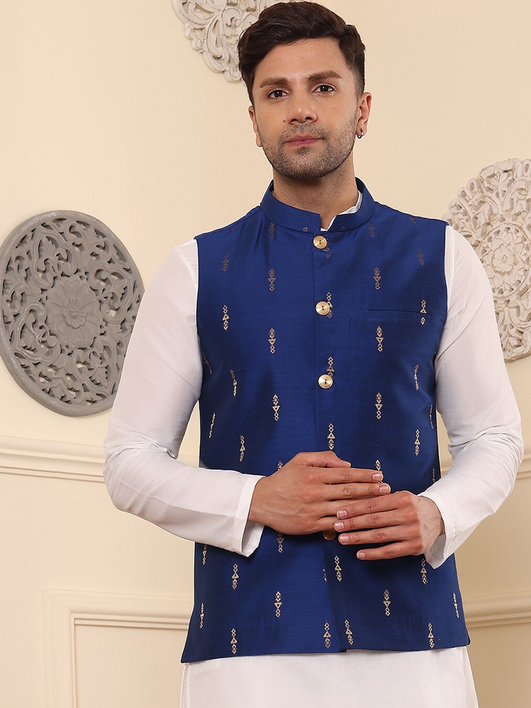 

DEYANN Woven Design Mandarin Collar Nehru Jacket, Navy blue
