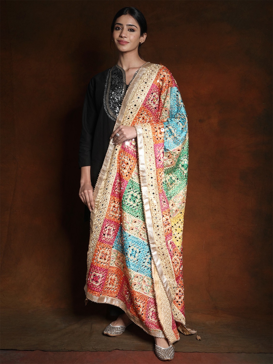 

Exotic India Floral Embroidered Phulkari Mirror Work Rainbow Dupatta, Beige