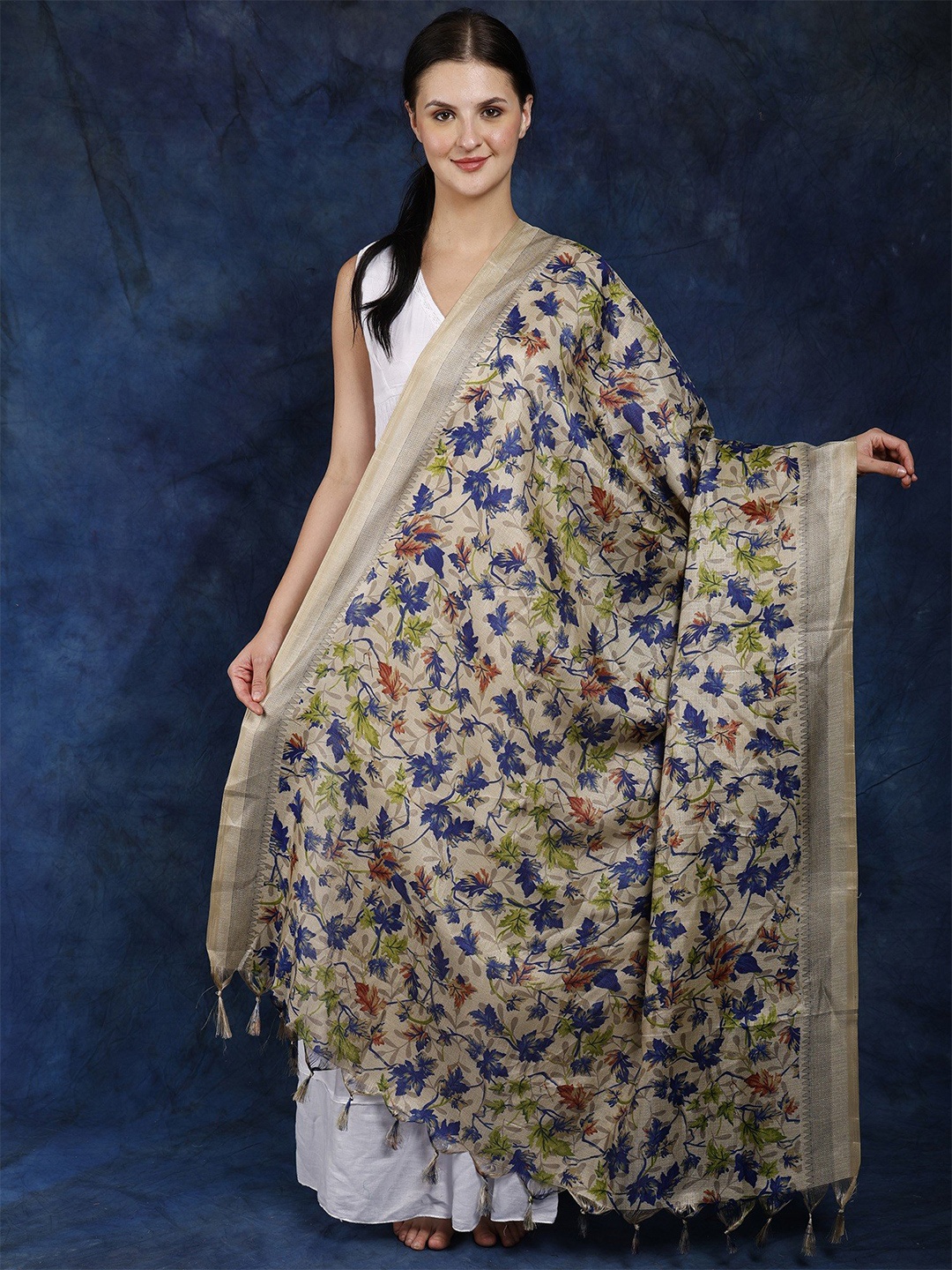 

Exotic India Printed Art Silk Dupatta, Beige