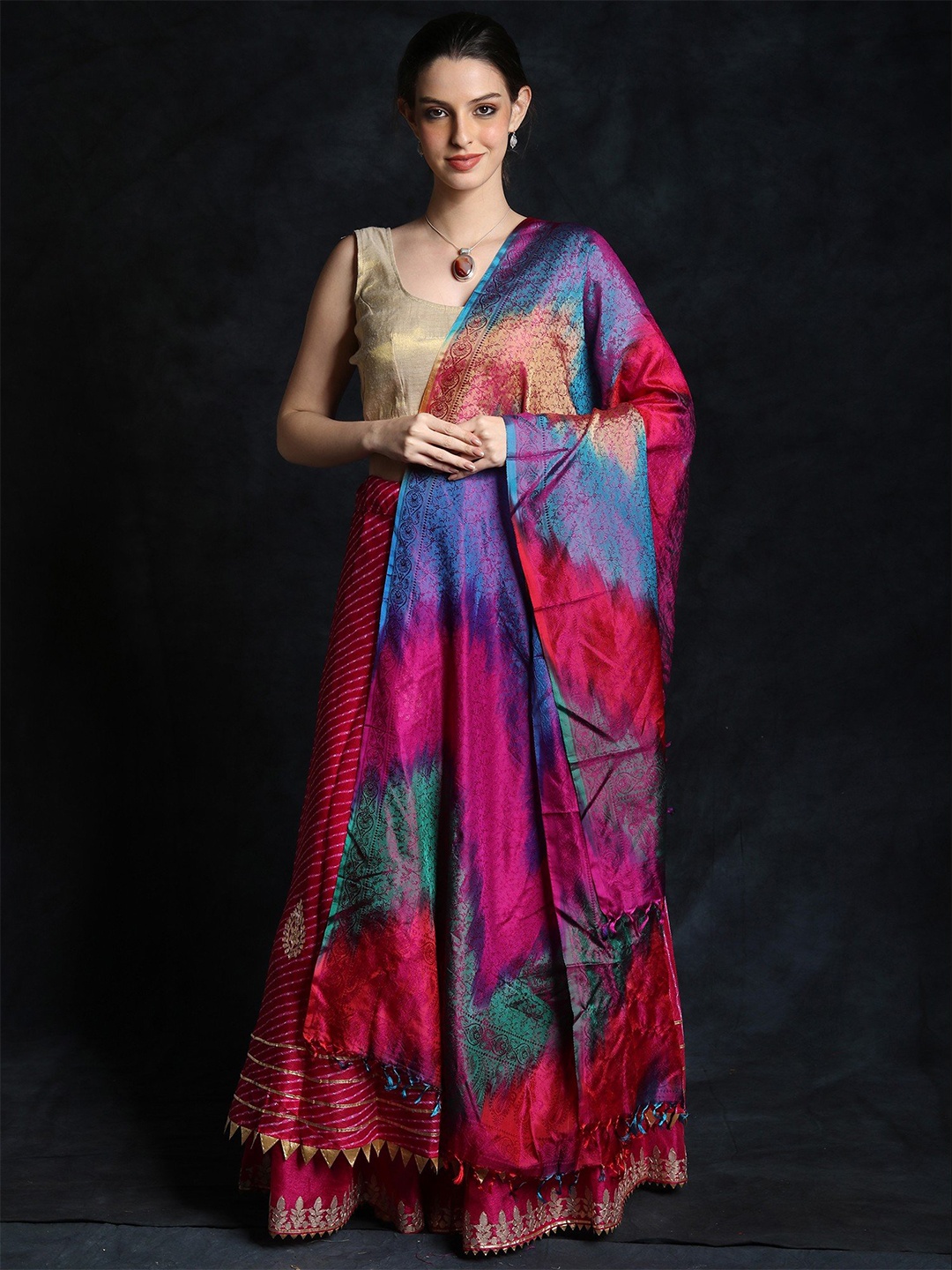

Exotic India Floral Woven Design Zari Brocaded Banarasi Dupatta, Pink