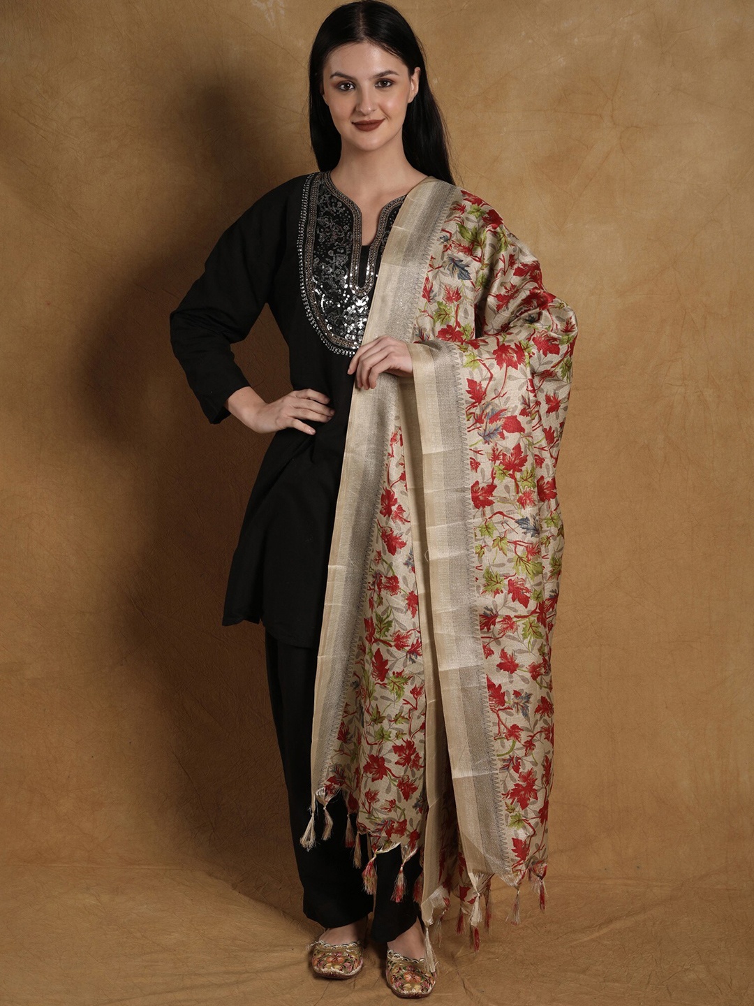 

Exotic India Maple Leaf Printed Dupatta, Beige