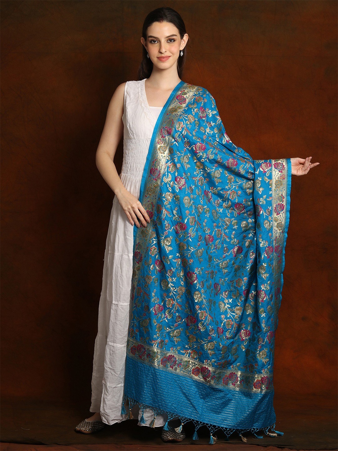 

Exotic India Woven Design Dupatta with Zari, Blue