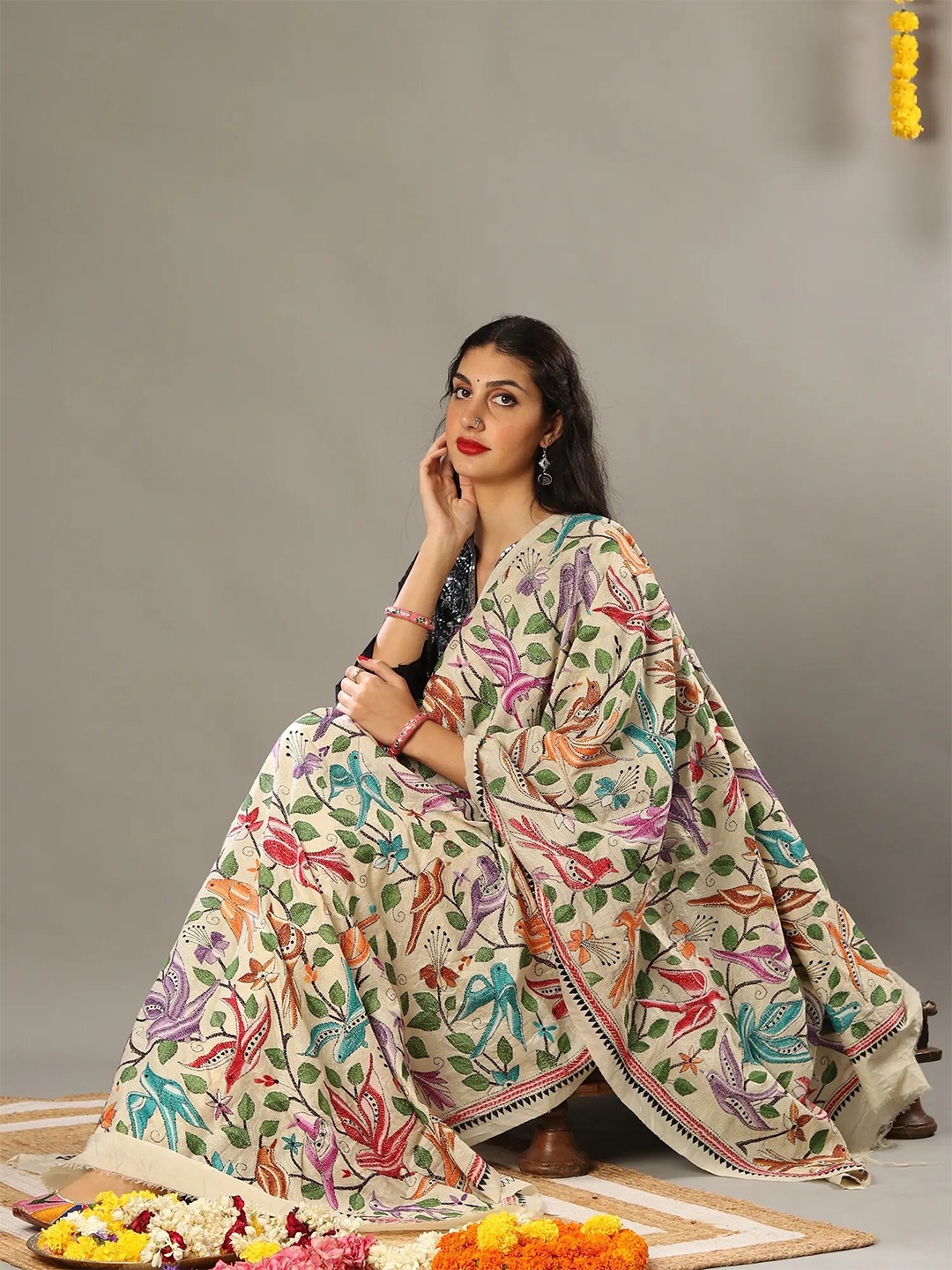 

Exotic India Floral Kantha Embroidered Cotton Silk Dupatta, Off white