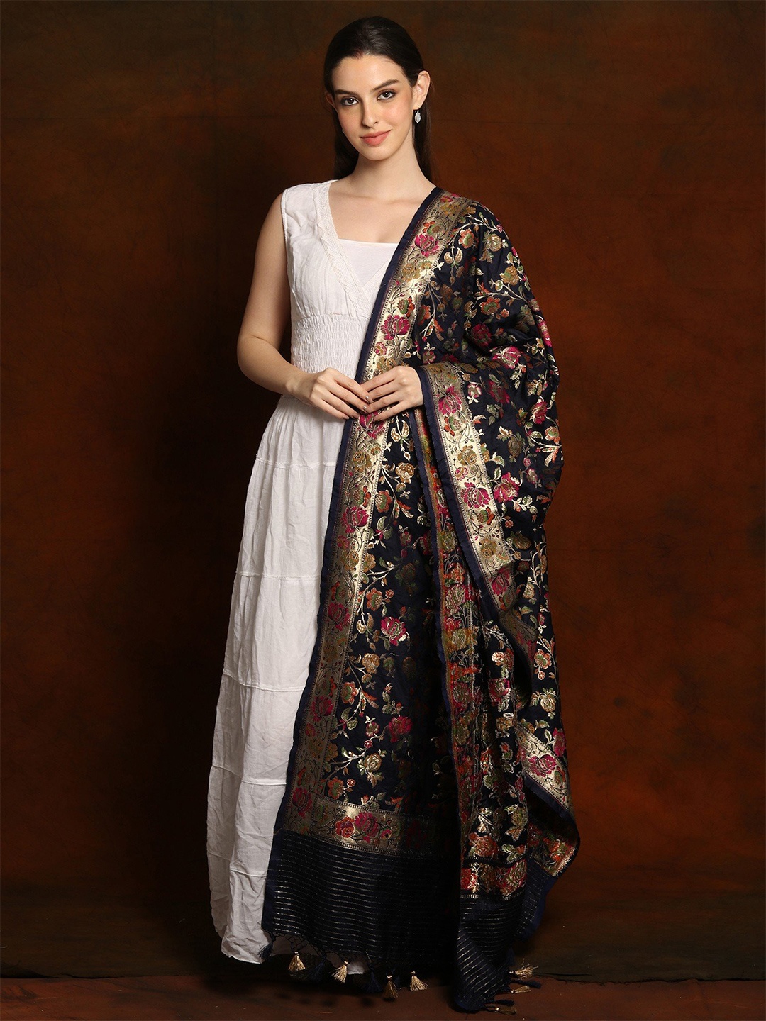 

Exotic India Floral Woven Design Zari Brocade Banarasi Dupatta, Black