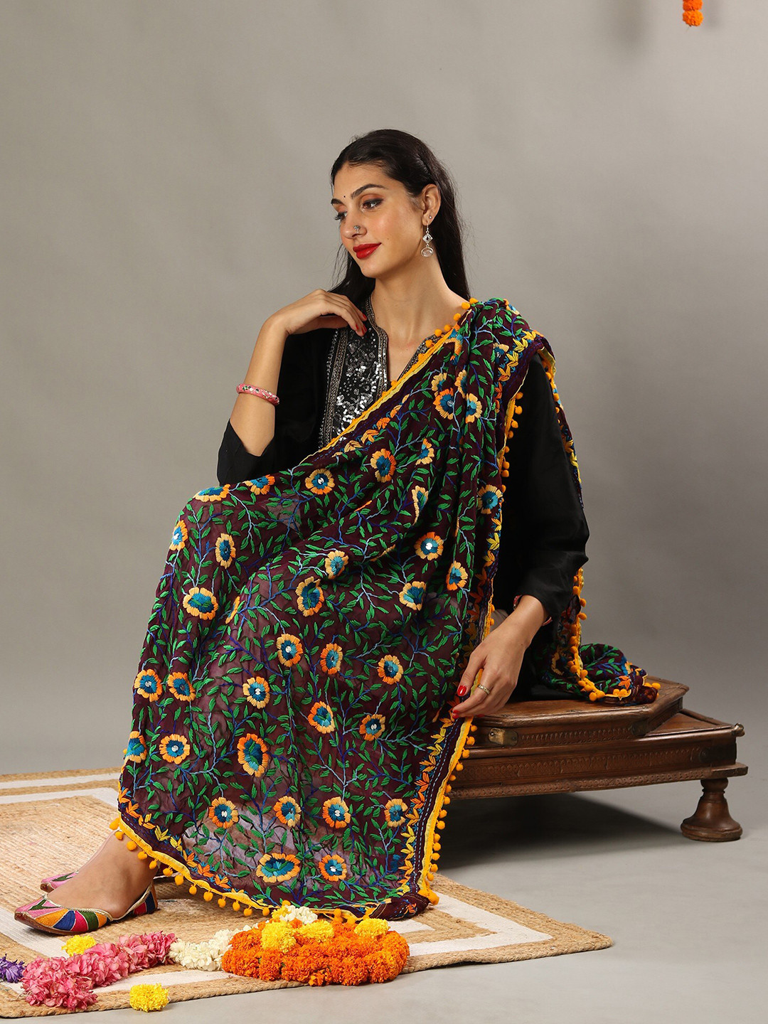 

Exotic India Embroidered Dupatta With Phulkari, Burgundy