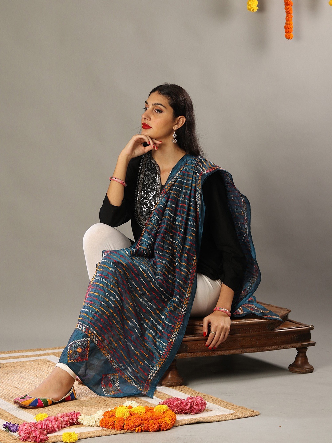 

Exotic India Floral Embroidered Cotton Silk Dupatta with Kantha Work, Blue