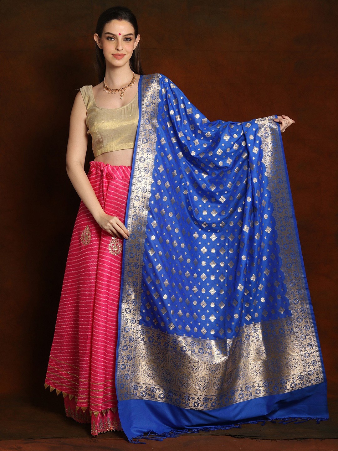 

Exotic India Ethnic Motifs Woven Design Zari Banarasi Dupatta, Blue
