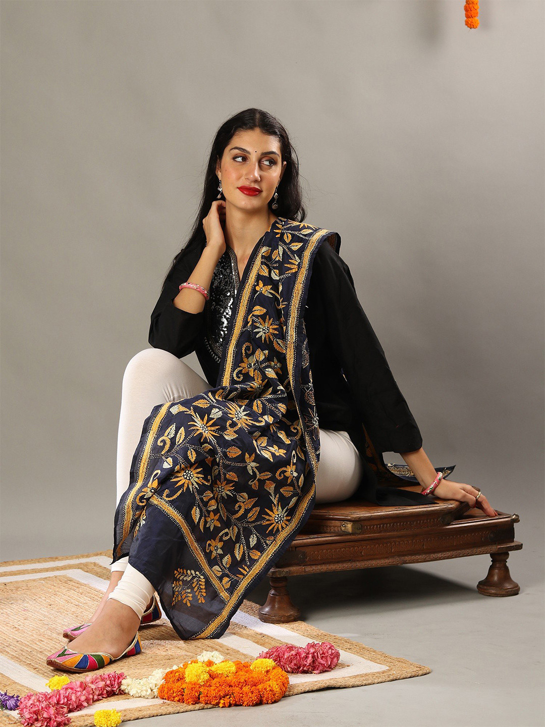 

Exotic India Embroidered Cotton Silk Dupatta with Kantha Work, Navy blue