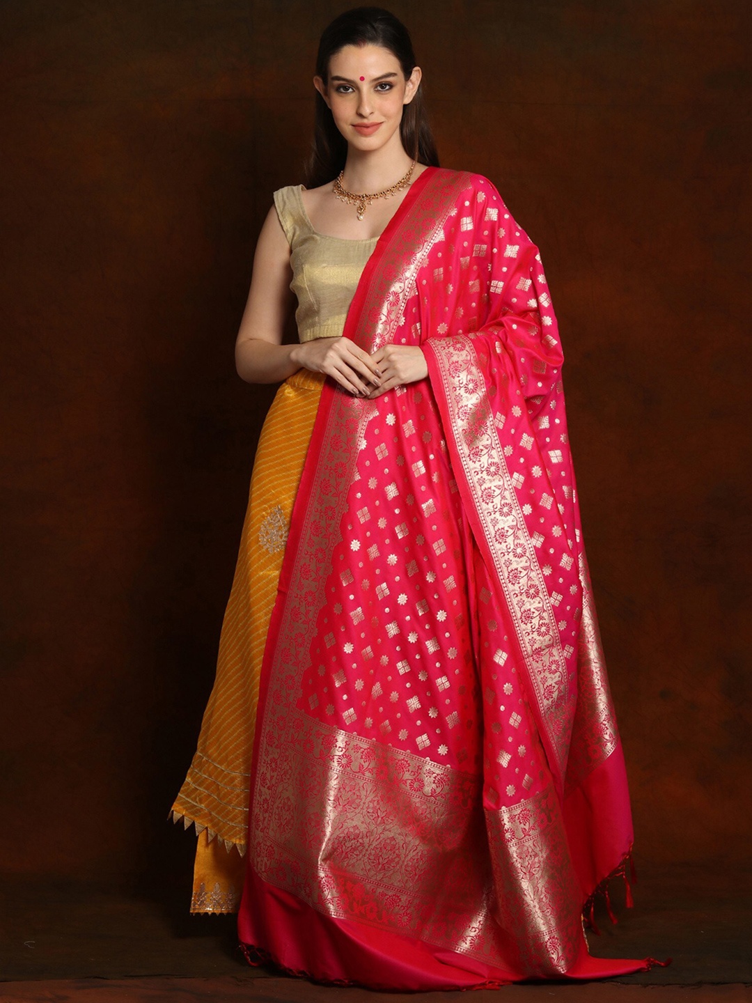 

Exotic India Woven Design Dupatta with Zari, Red