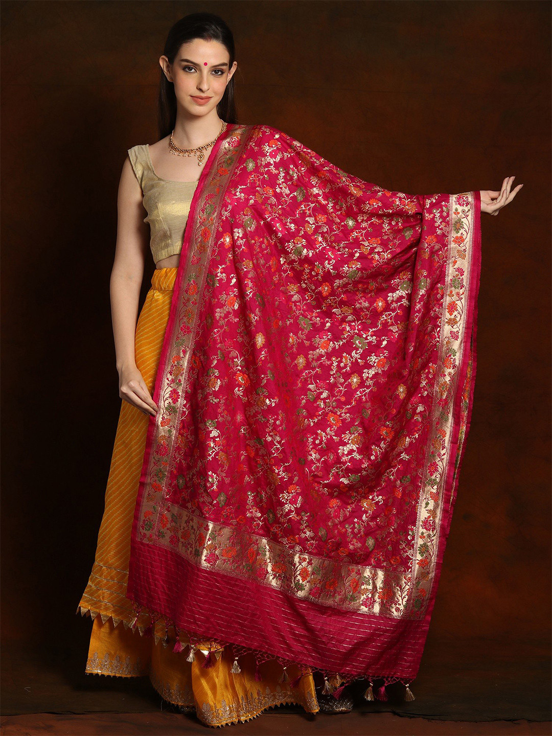 

Exotic India Fuscia Pink Royal Banarasi Brocade Silk Dupatta with Striped Palla & Tassels