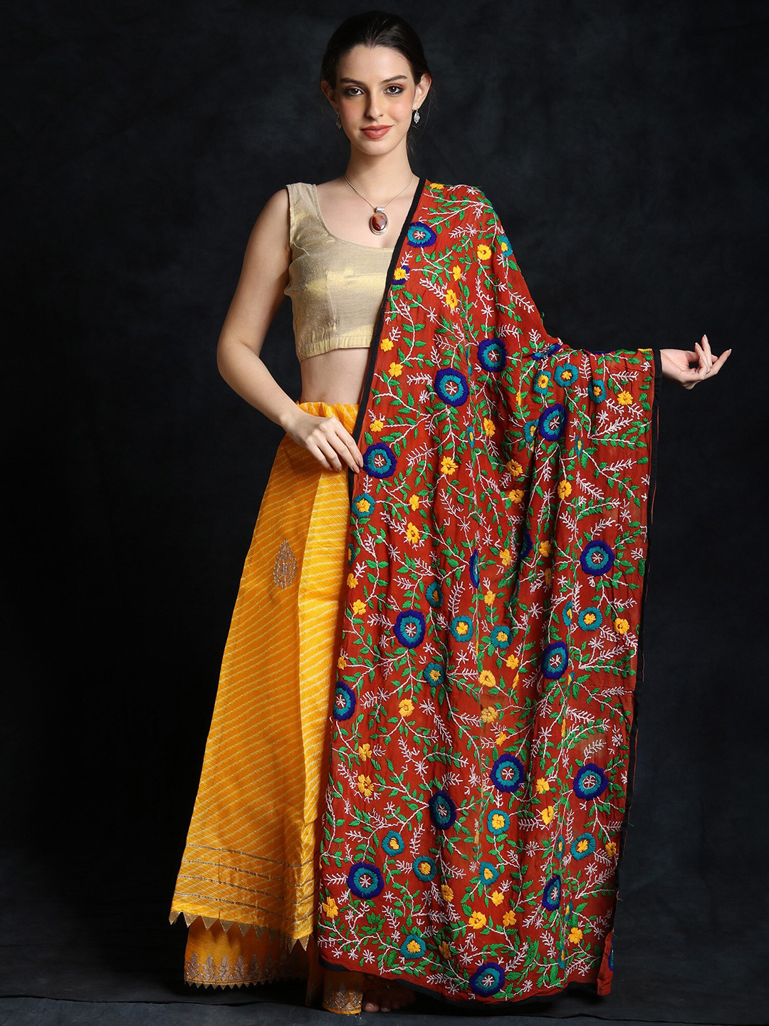 

Exotic India Baked-Clay Multicolored Floral Vines Embroidered Phulkari Chiffon Dupatta, Brown