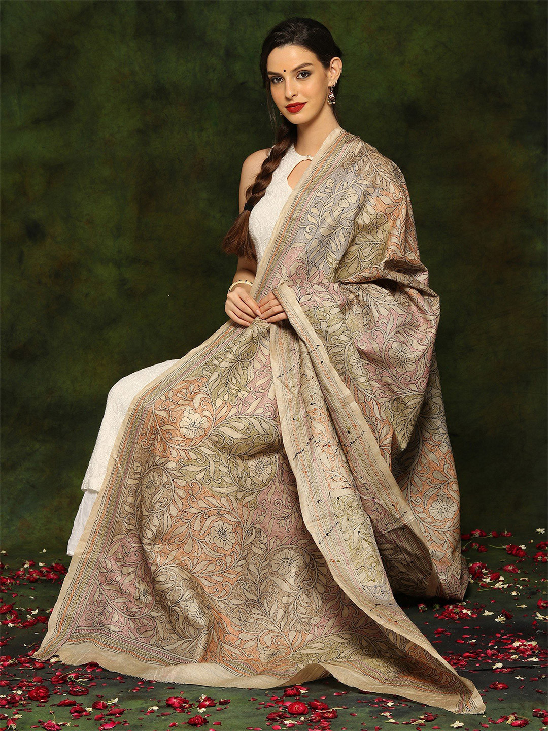 

Exotic India Floral Embroidered Pure Silk Dupatta with Thread Work, Beige