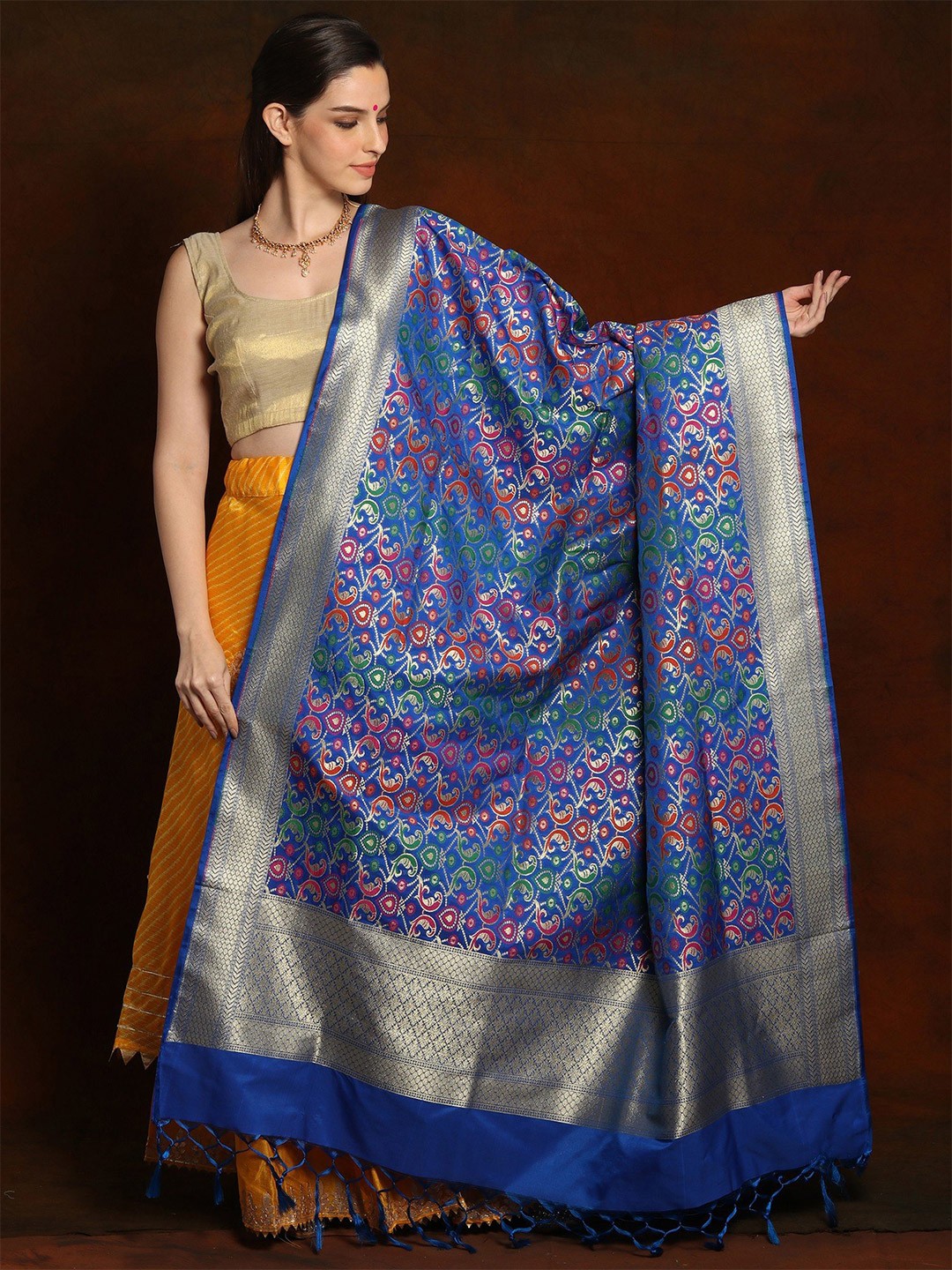 

Exotic India Cobalt Blue Woven Floral Vine Motif Brocaded Art Silk Banarasi Dupatta