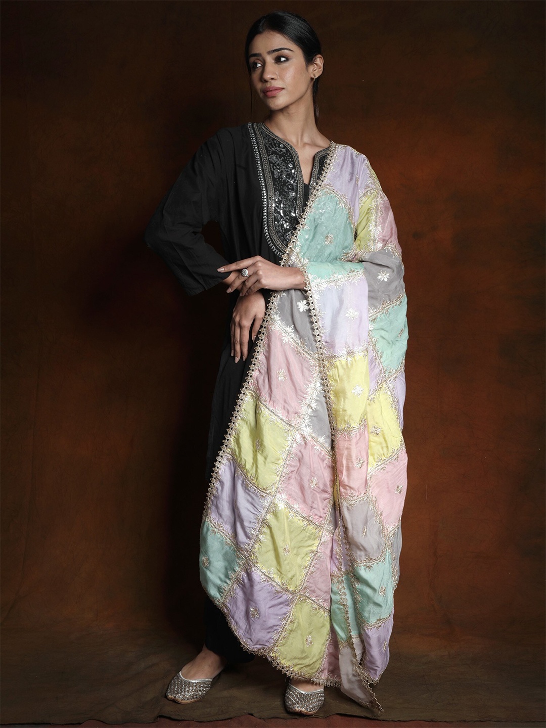 

Exotic India Multicolor Block Pattern Dupatta with Zari Gota, Green