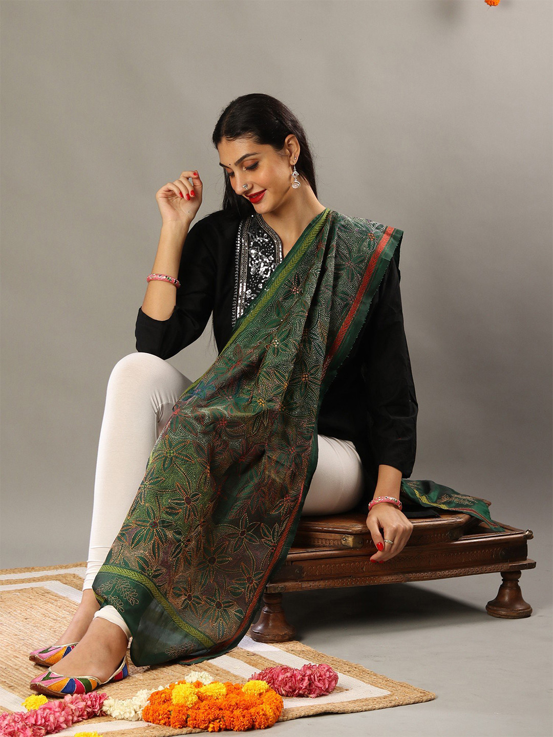 

Exotic India Floral Kantha Embroidered Cotton Silk Dupatta, Green