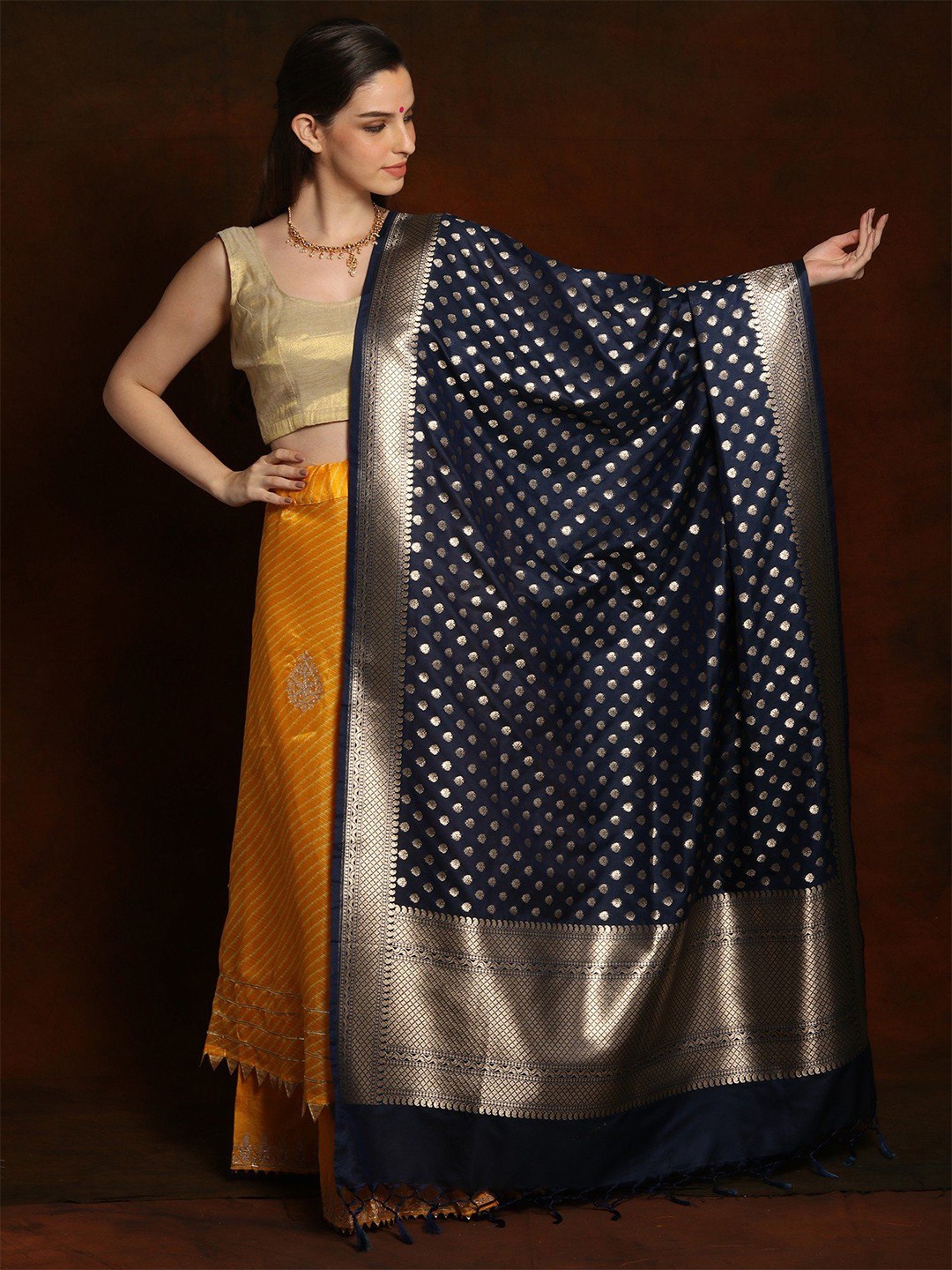 

Exotic India Floral Woven Design Zari Banarasi Silk Dupatta, Blue