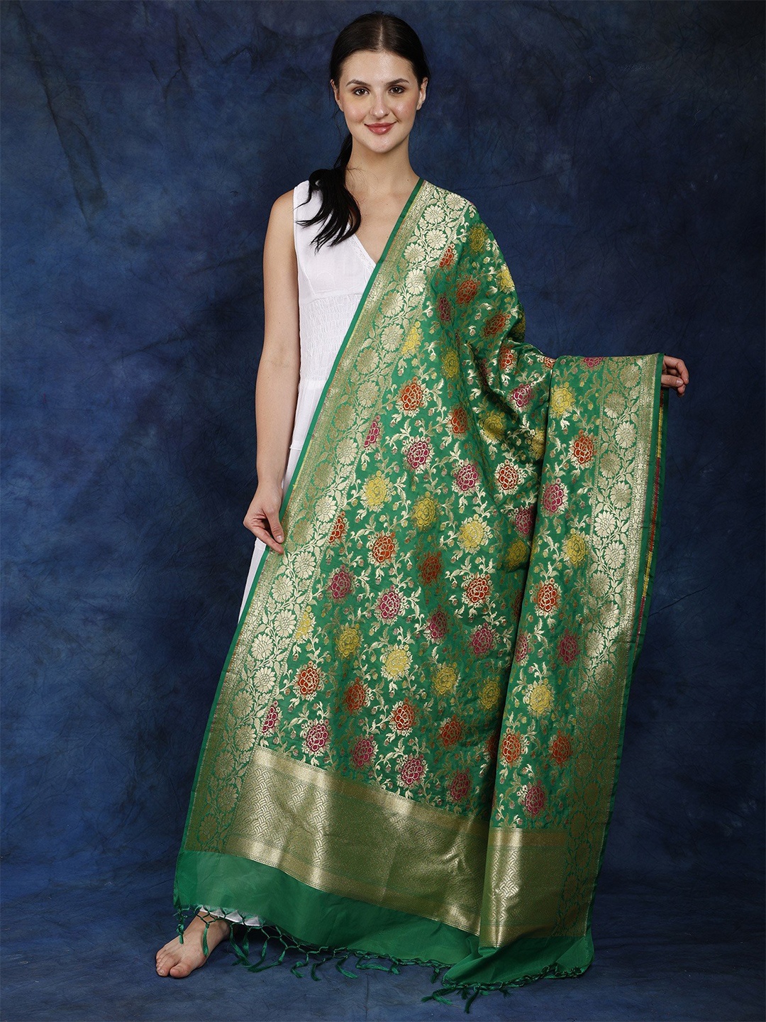 

Exotic India Woven Design Dupatta with Zari, Green