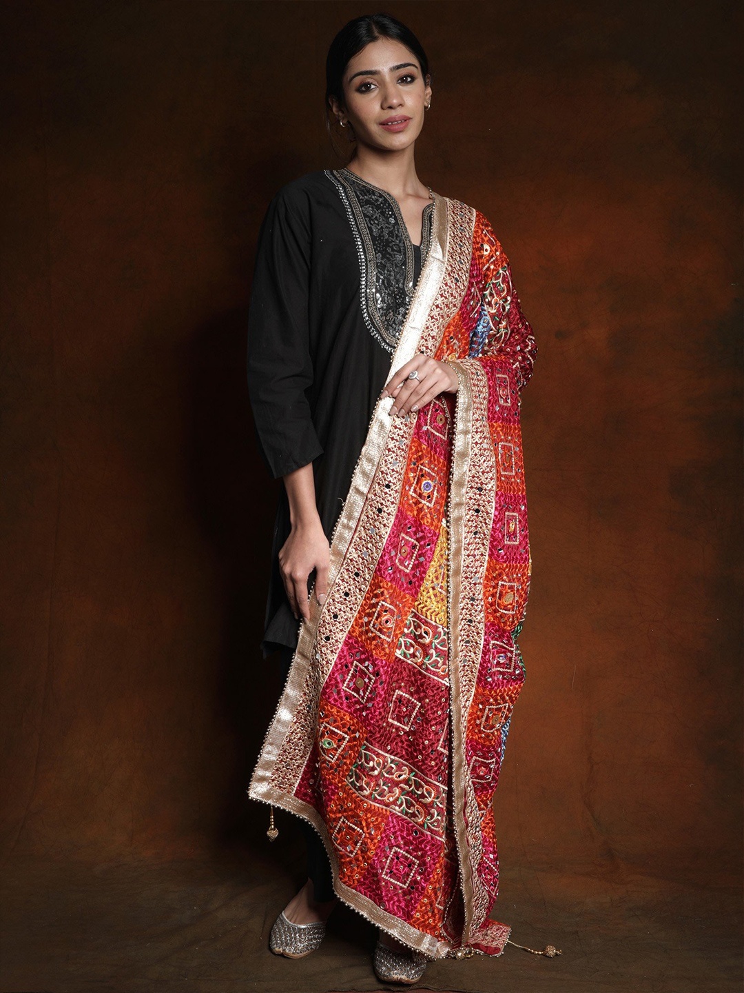 

Exotic India Floral Embroidered Phulkari Mirror Work Rainbow Dupatta, Red