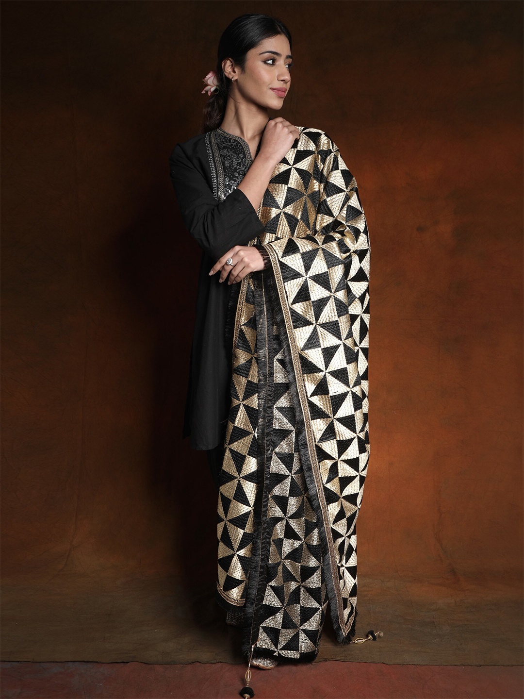 

Exotic India Geometric Phulkari Embroidered Thread Work Dupatta, Black