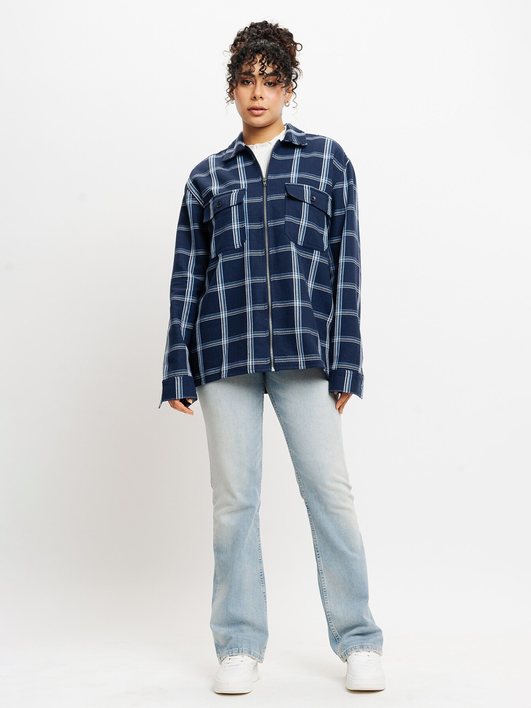 

FREAKINS Checked Spread Collar Long Sleeves Cotton Casual Shirt, Navy blue