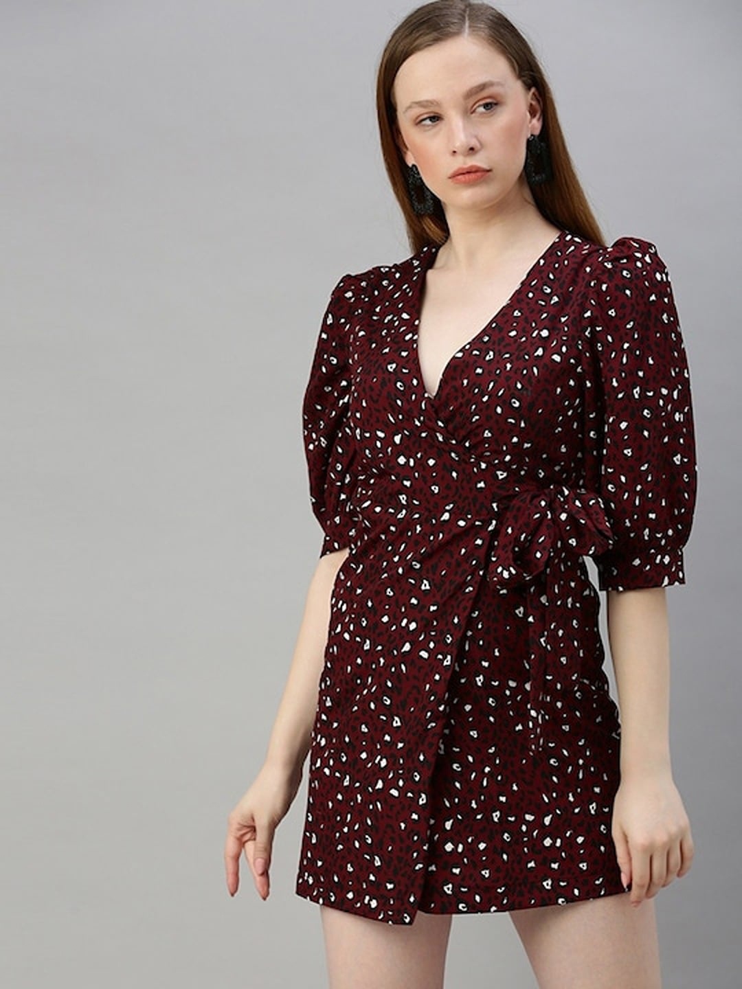 

Sera Burgundy & White Animal Printed Puff Sleeves Crepe Wrap Mini Dress