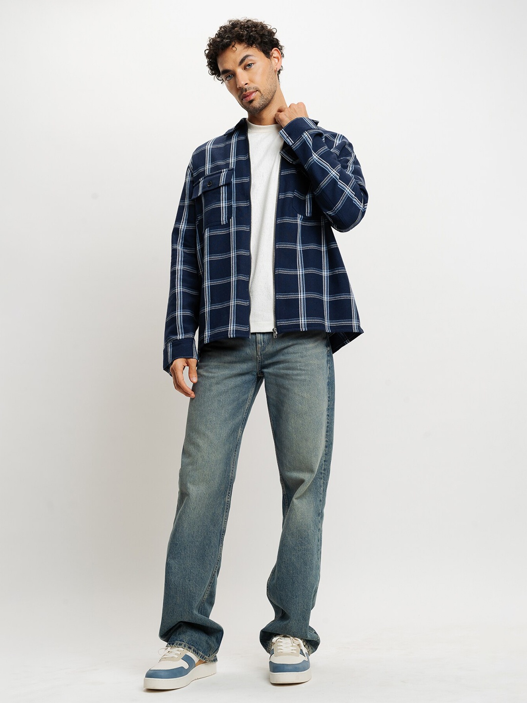 

FREAKINS Spread Collar Checked Cotton Casual Shirt, Navy blue