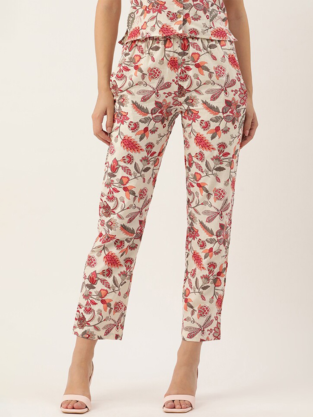 

Molcha Women Floral Printed Straight Fit Regular Trousers, Cream